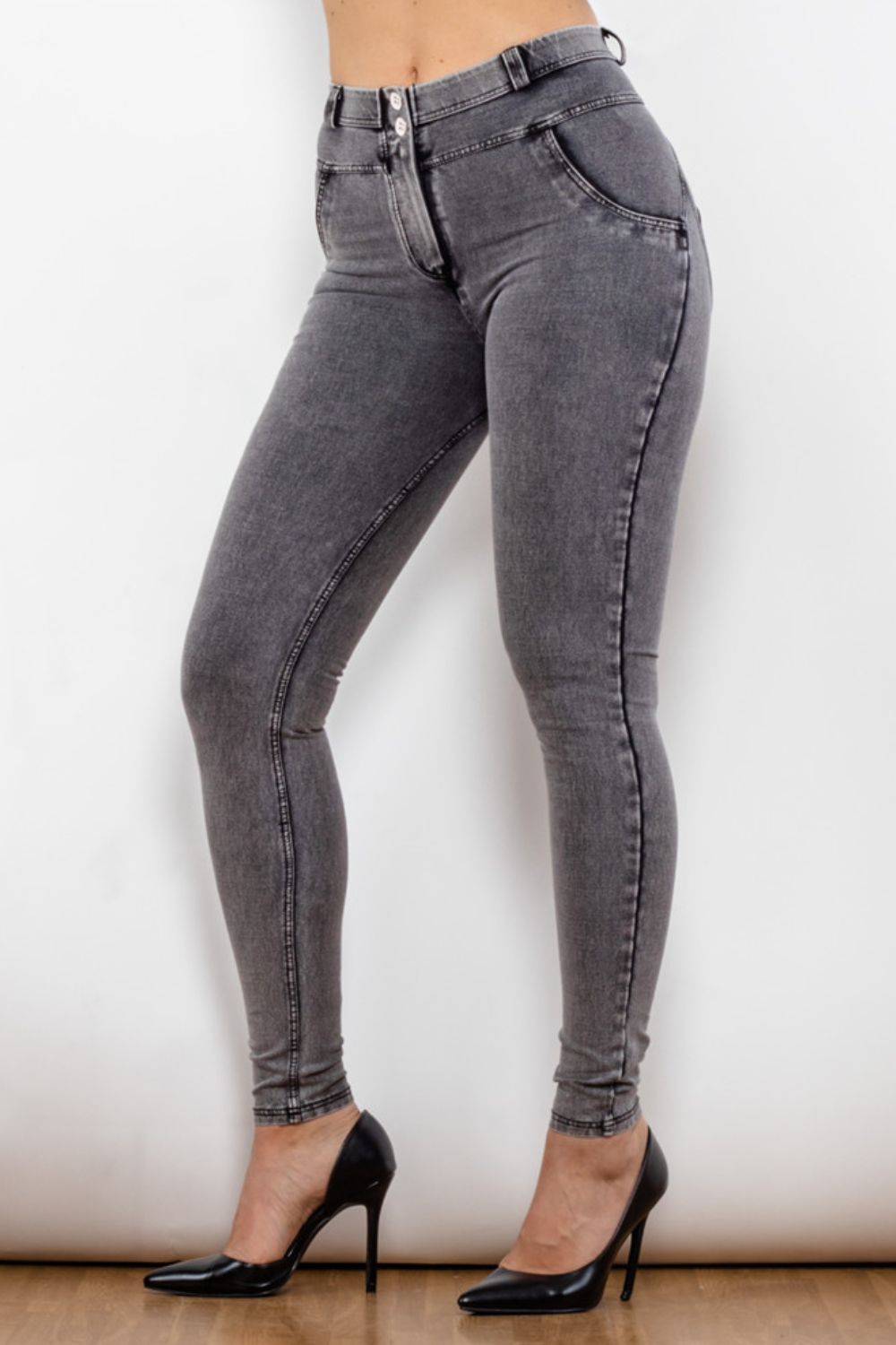 Comfy Huggers Gray Buttoned Skinny Long | Jeans
