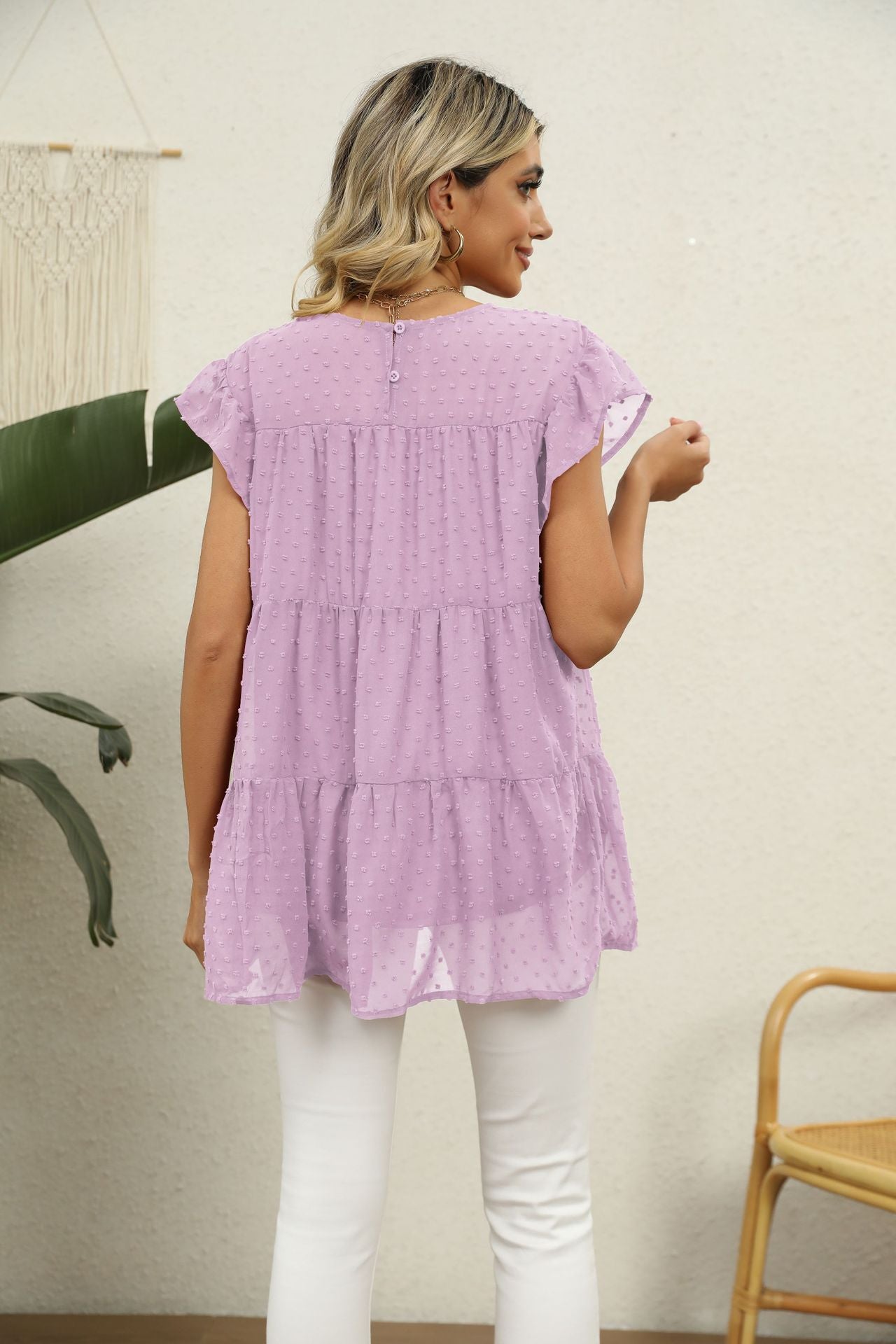 Swiss Dot Round Neck Tiered | Blouse