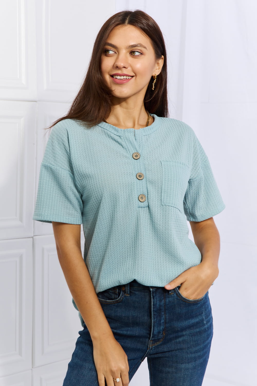 Blue Button-Down Waffle | Top