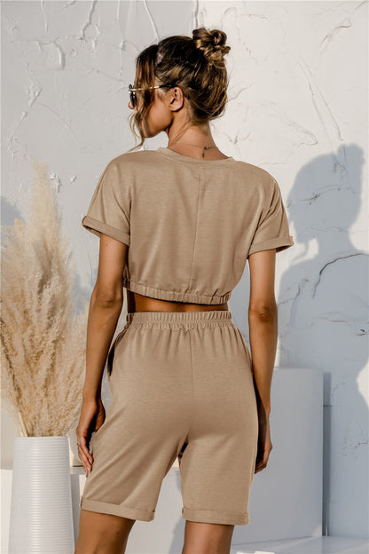 Short Sleeve Cropped Top and Drawstring Shorts | Lounge Set