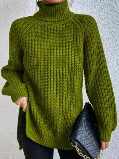 Turtleneck Rib-Knit Slit | Sweater