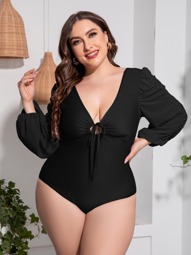 Tied Deep V Balloon Sleeve | One-Piece Swimsuit