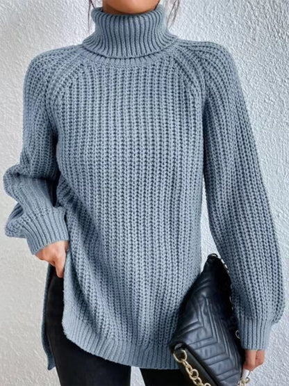 Turtleneck Rib-Knit Slit | Sweater