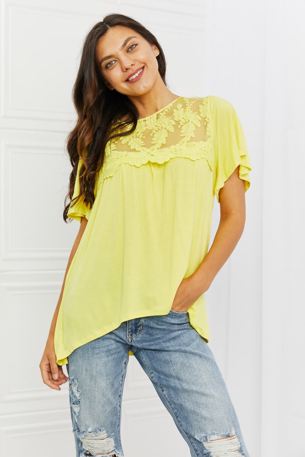 Yellow Mousse Lace Embroidered | Top