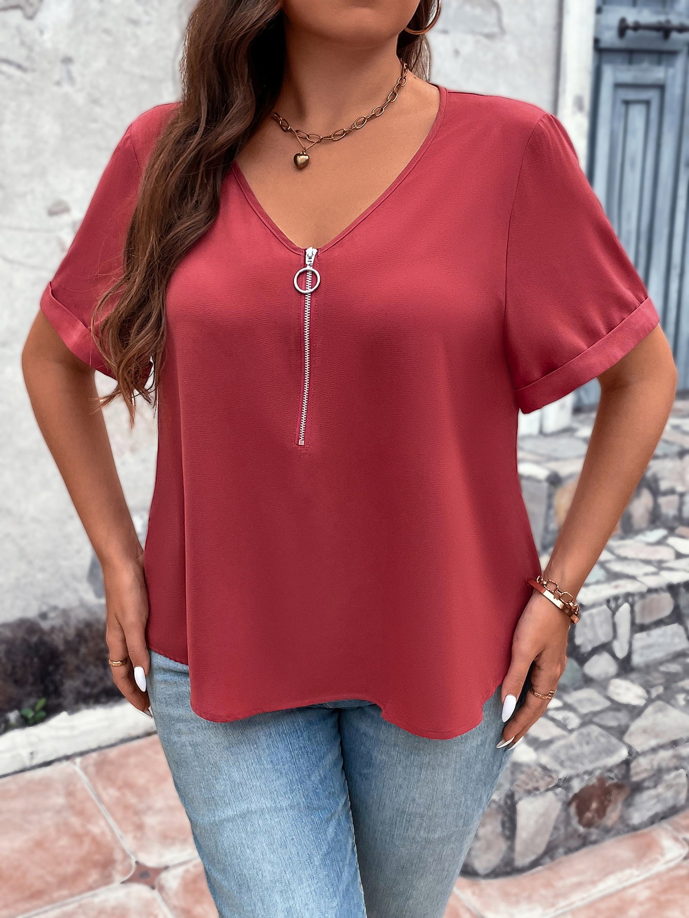 V-Neck Short Sleeve | Blouse with Zipper