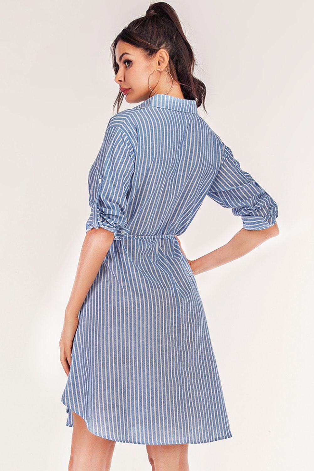 Striped Quarter-Button Roll-Tab Sleeve | Shirt Dress