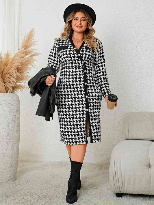 Houndstooth Long Sleeve Slit | Dress
