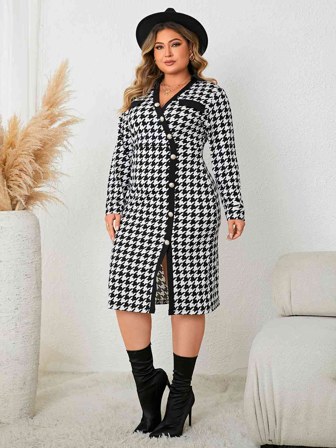 Houndstooth Long Sleeve Slit | Dress