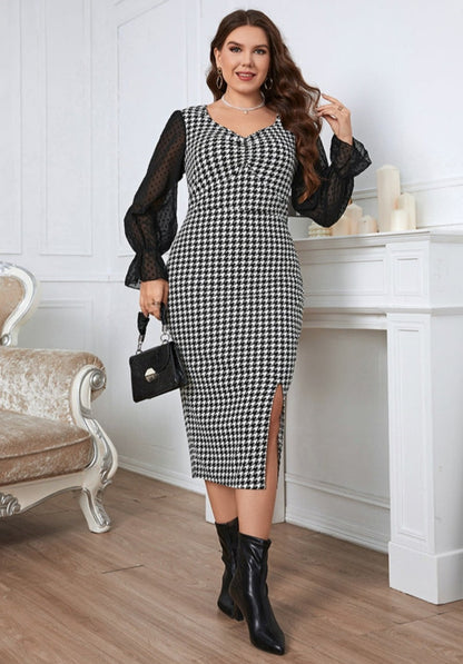 Houndstooth Flounce Sleeve Slit | Dress