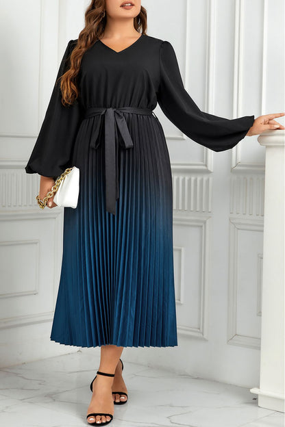 V-Neck Long Sleeve Pleated Tie Waist Midi | Dress