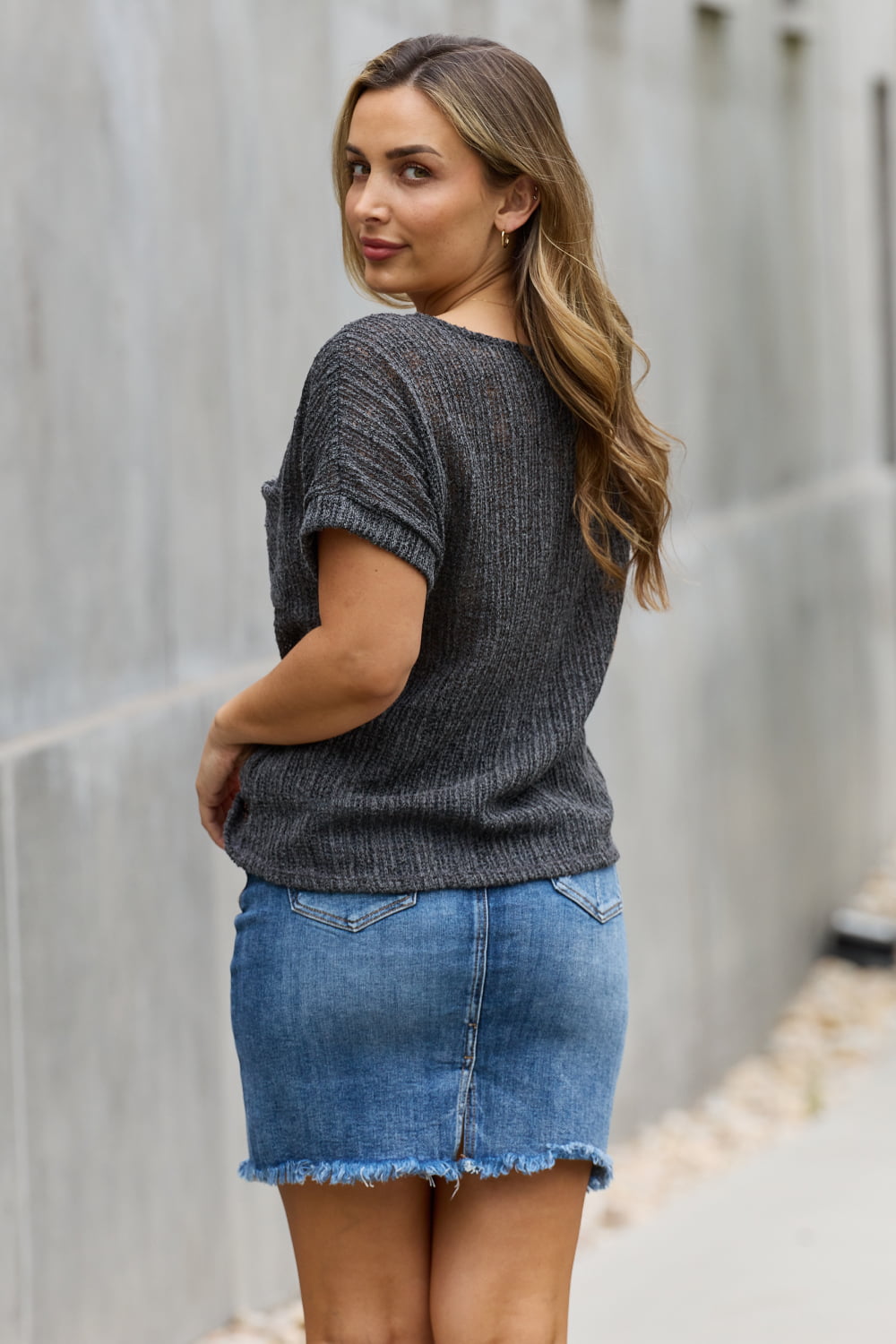 Gray Chunky Knit Short Sleeve | Top