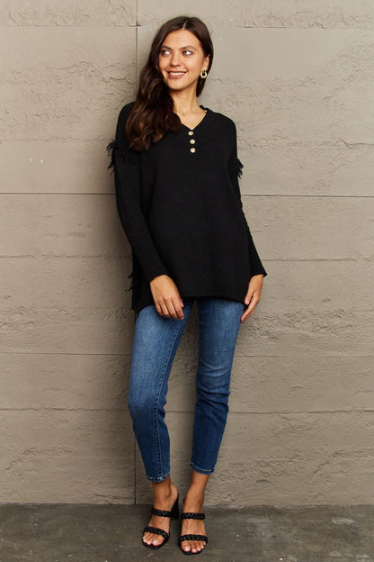 Buttoned Dropped Shoulder Raw Hem Pullover | Sweater
