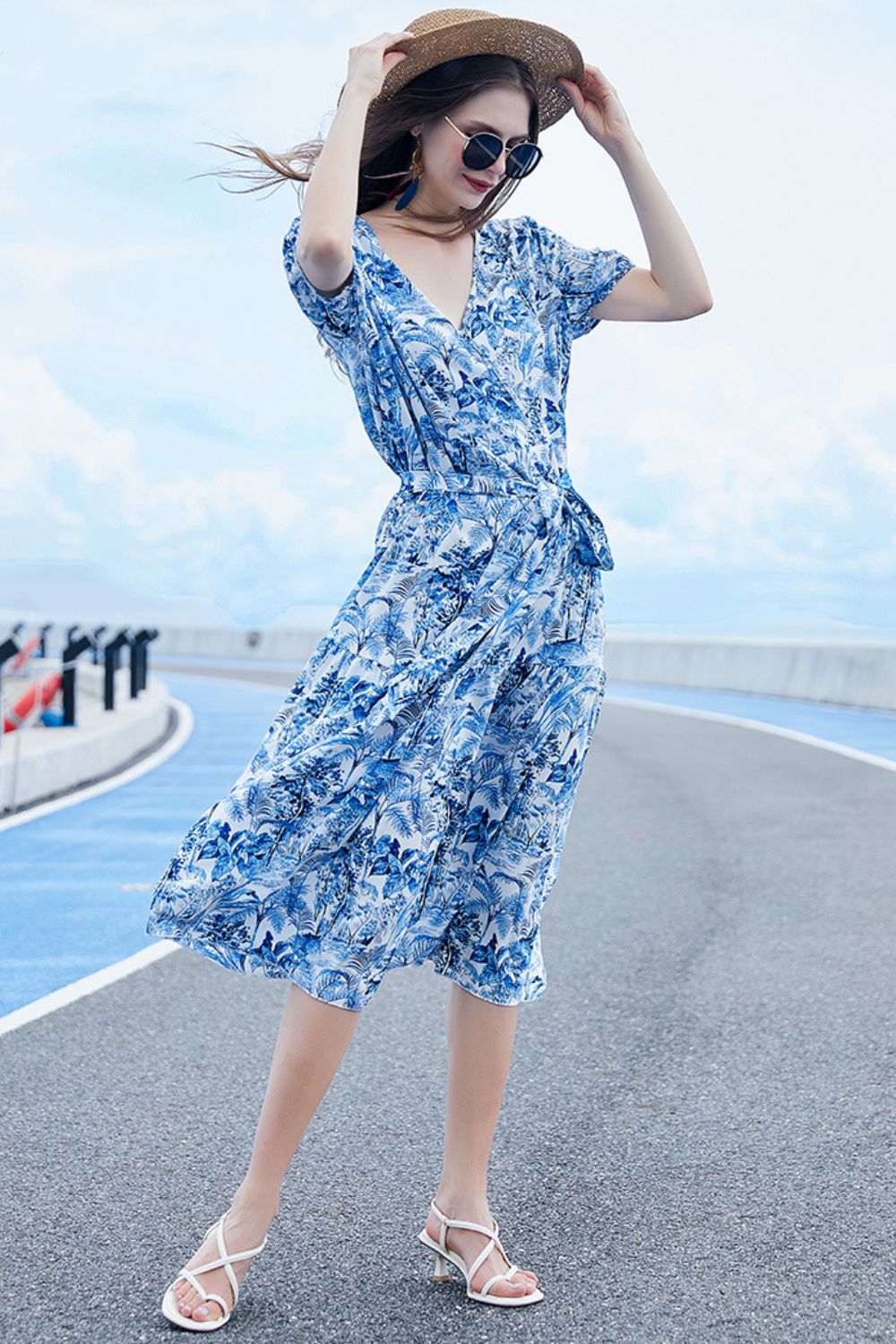 Belted Surplice Short Sleeve | Midi Dress