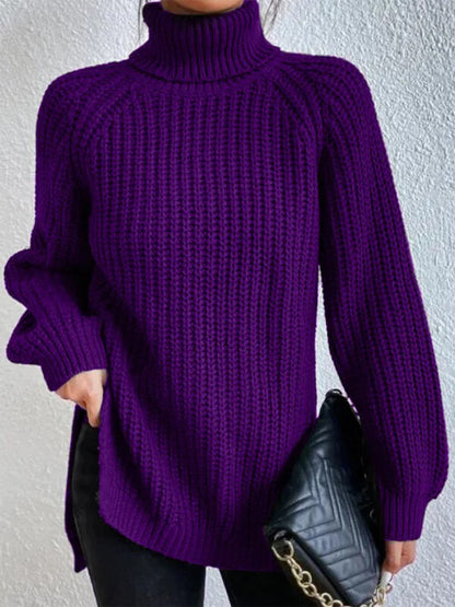 Turtleneck Rib-Knit Slit | Sweater