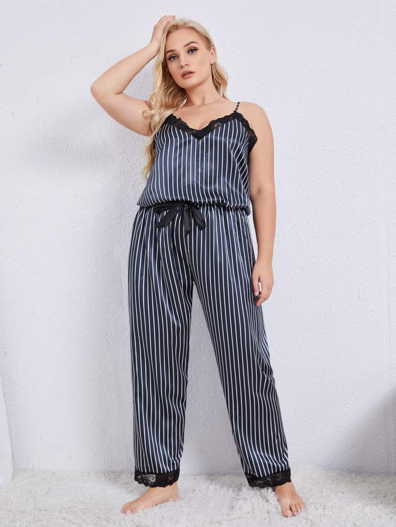 Vertical Stripe Lace Trim Cami + Pants | Pajama Set