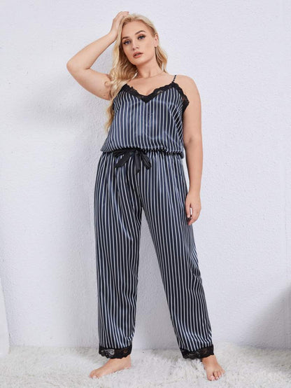 Vertical Stripe Lace Trim Cami + Pants | Pajama Set