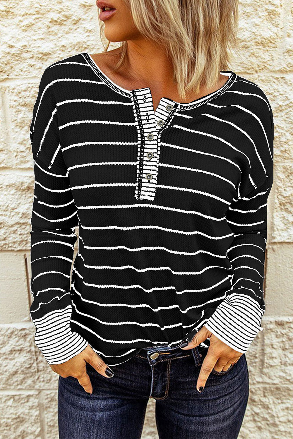 Striped Waffle Knit Henley Long Sleeve | Top