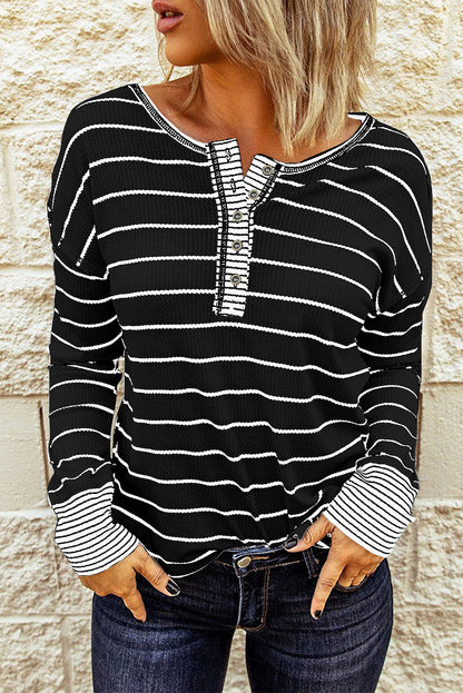 Striped Waffle Knit Henley Long Sleeve | Top
