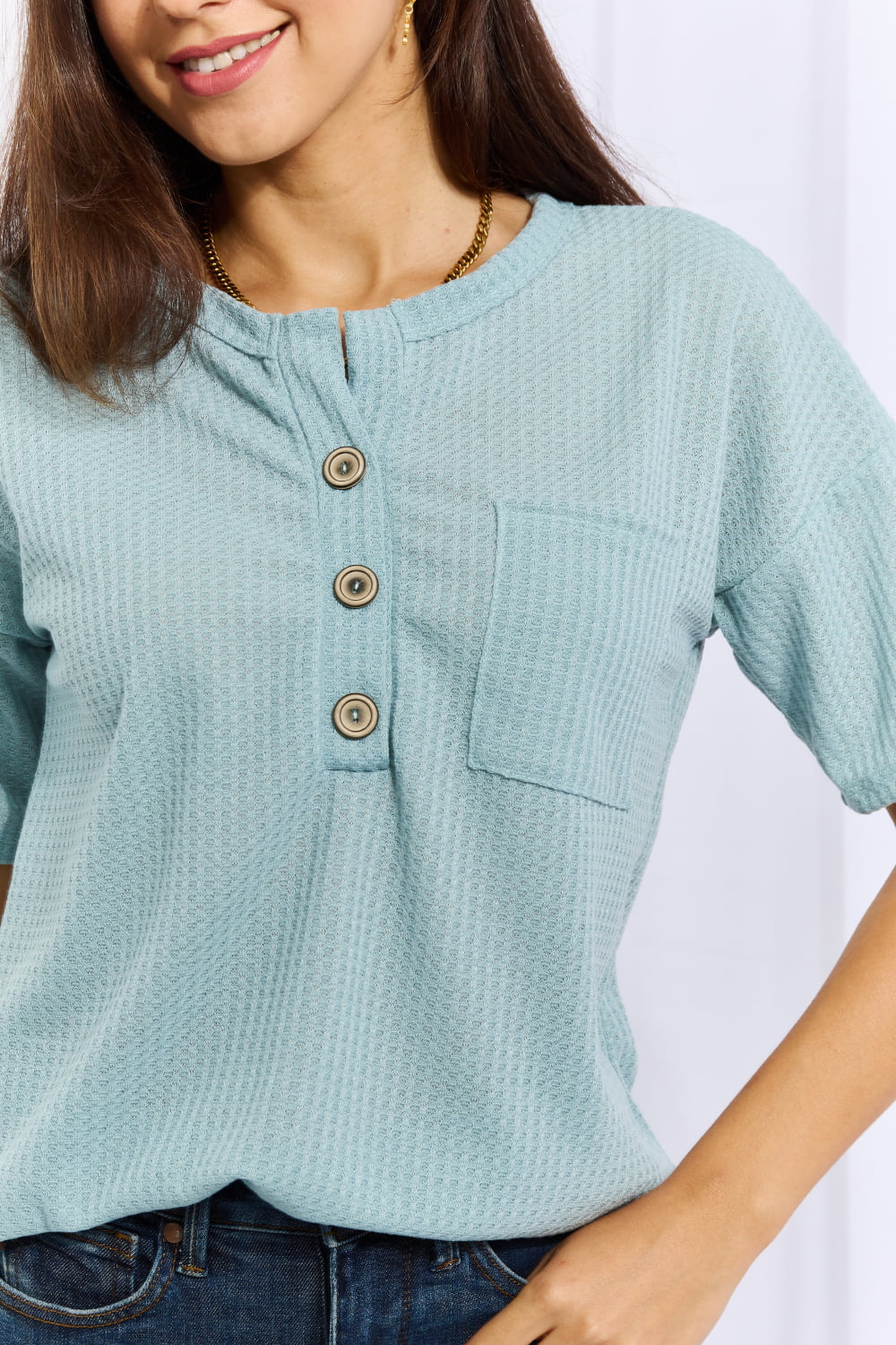 Blue Button-Down Waffle | Top
