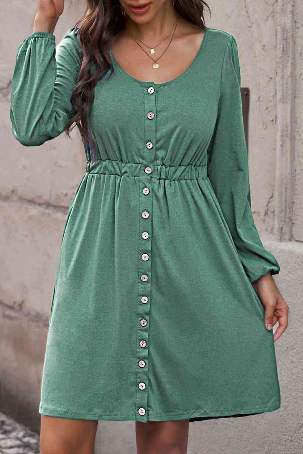 Button Front Elastic Waist Long Sleeve | Dress