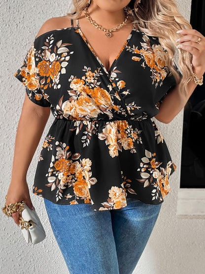 Floral Print Cold Shoulder Surplice Neck | Blouse