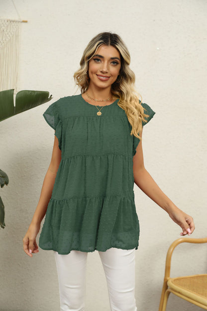 Swiss Dot Round Neck Tiered | Blouse