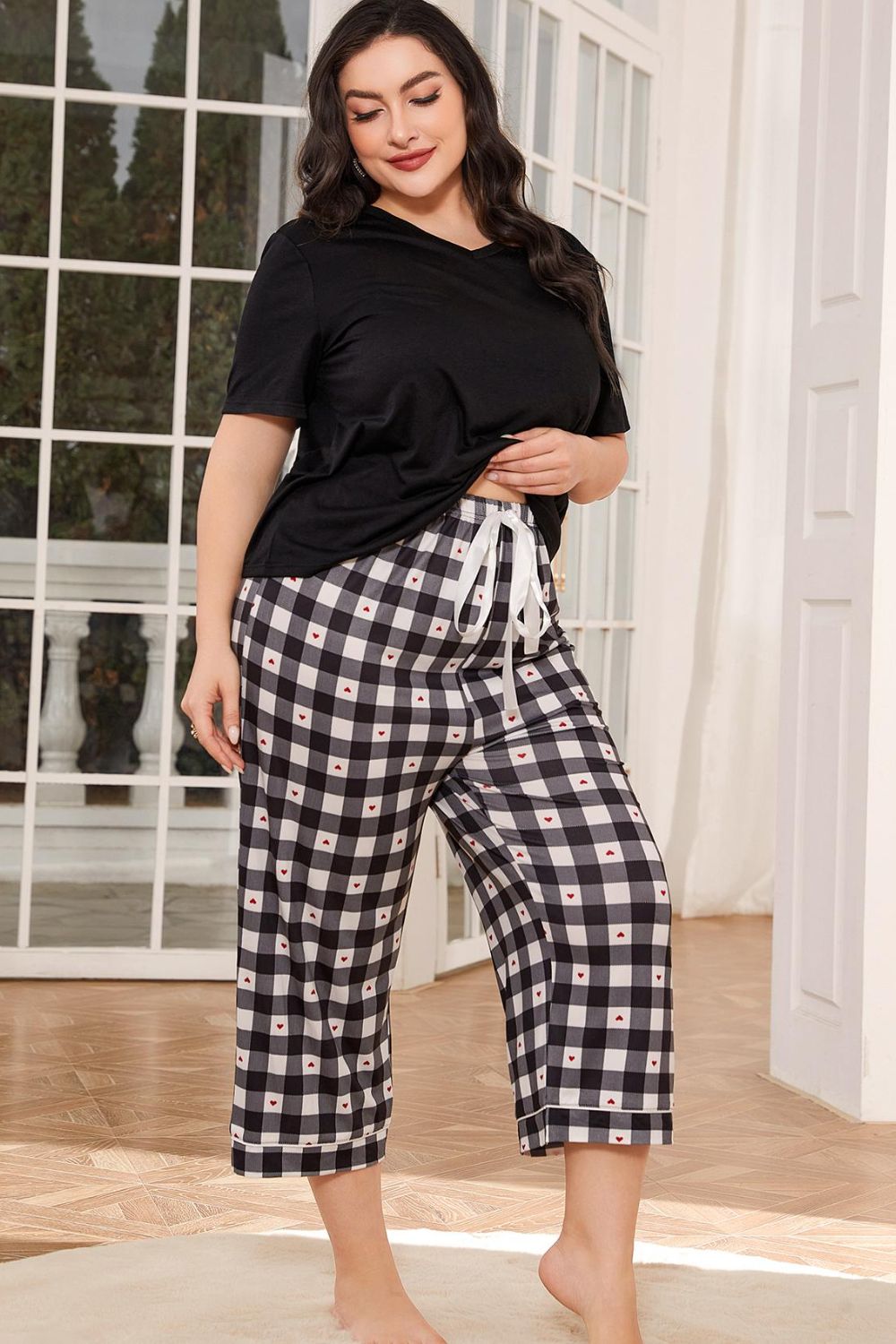 V-Neck Tee + Plaid Cropped Pants | Lounge Set