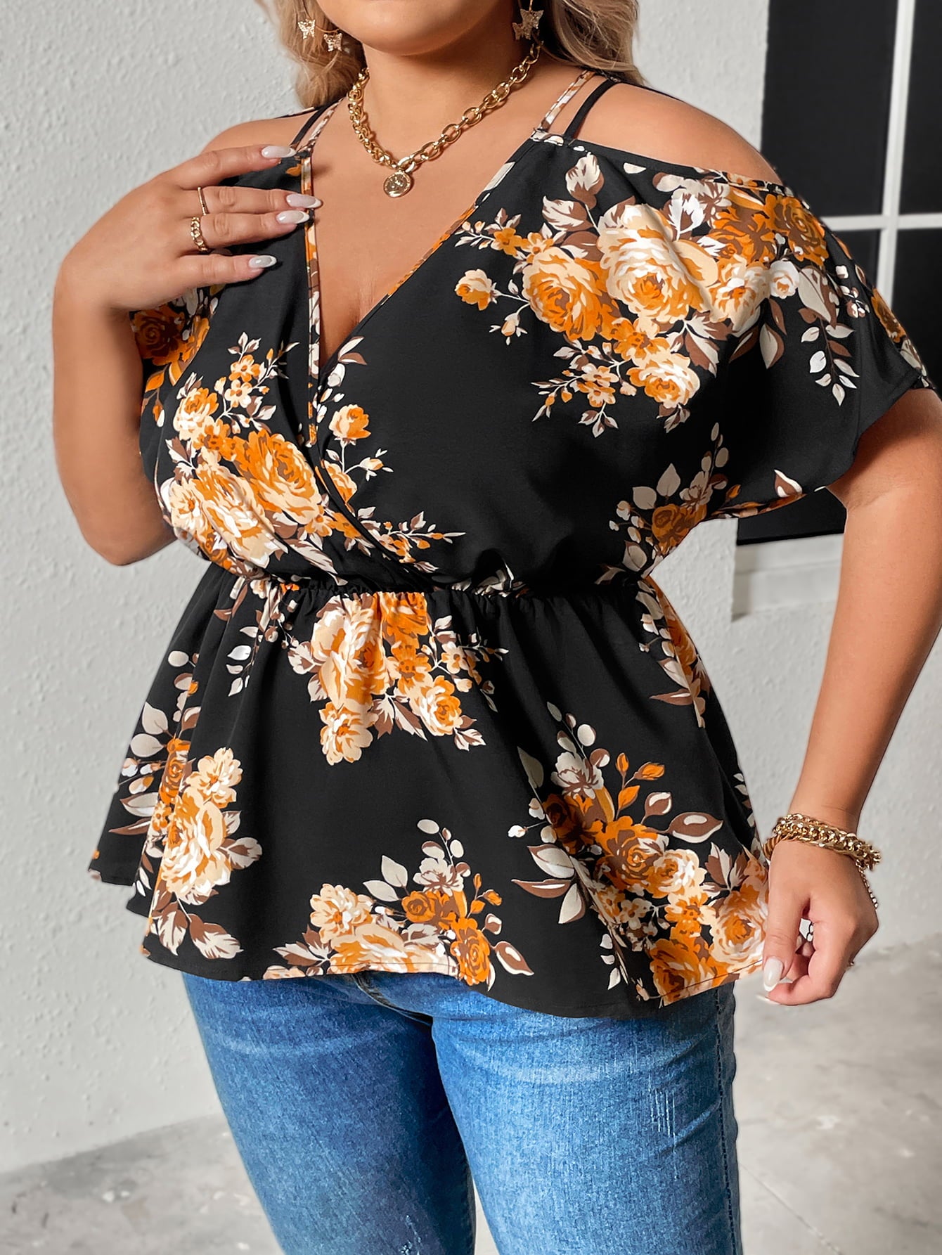 Floral Print Cold Shoulder Surplice Neck | Blouse