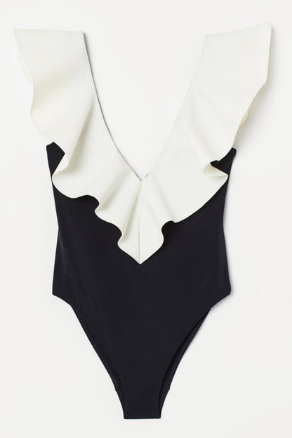 Two-Tone Ruffled Plunge | One-Piece Swimsuit