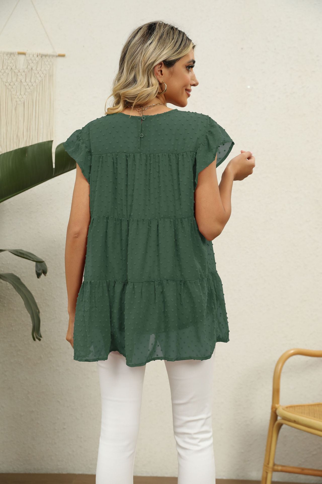 Swiss Dot Round Neck Tiered | Blouse