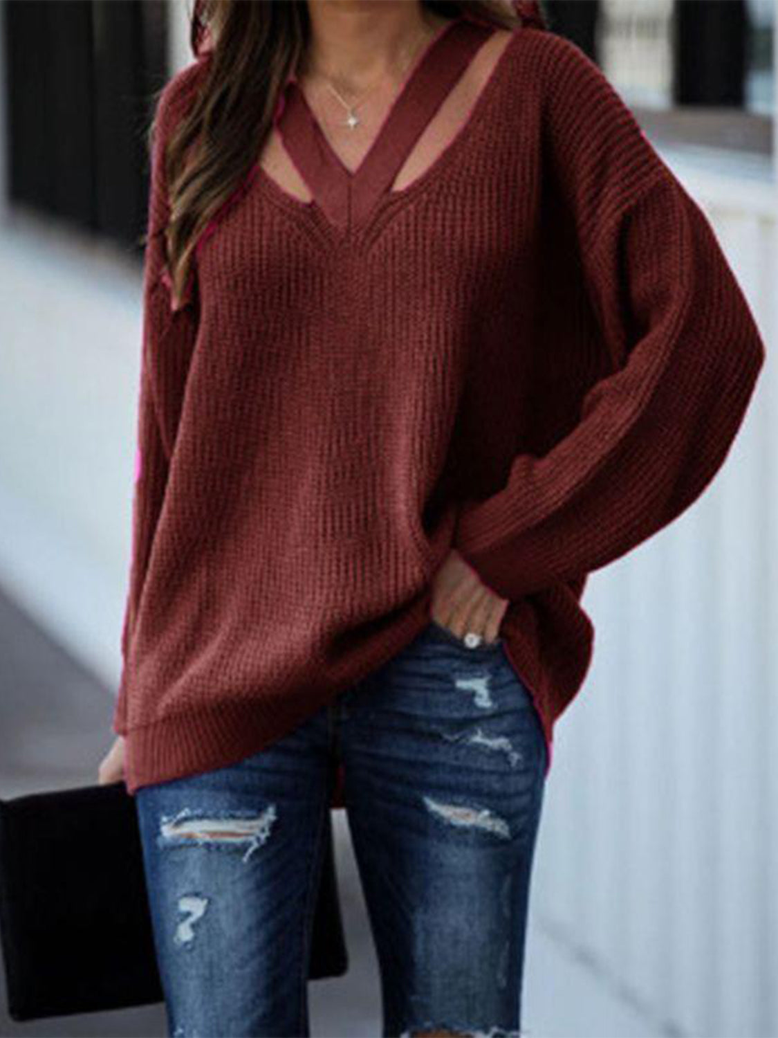 Cutout V-Neck Rib-Knit | Sweater