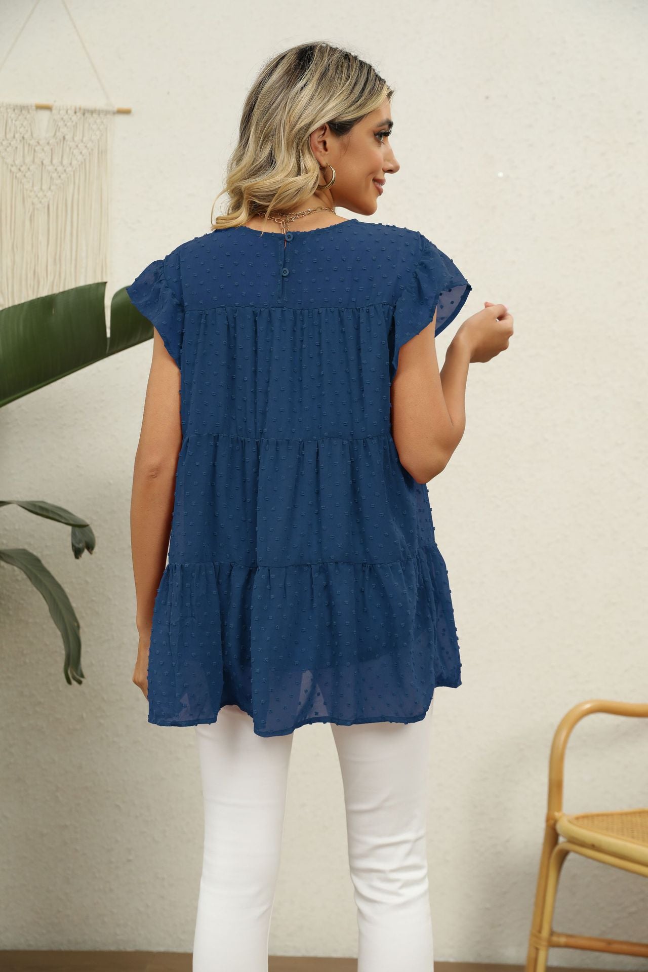 Swiss Dot Round Neck Tiered | Blouse
