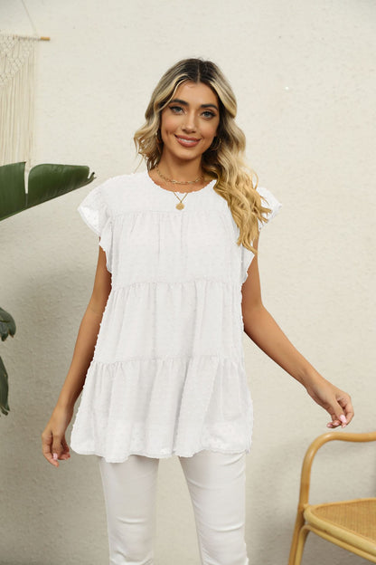 Swiss Dot Round Neck Tiered | Blouse