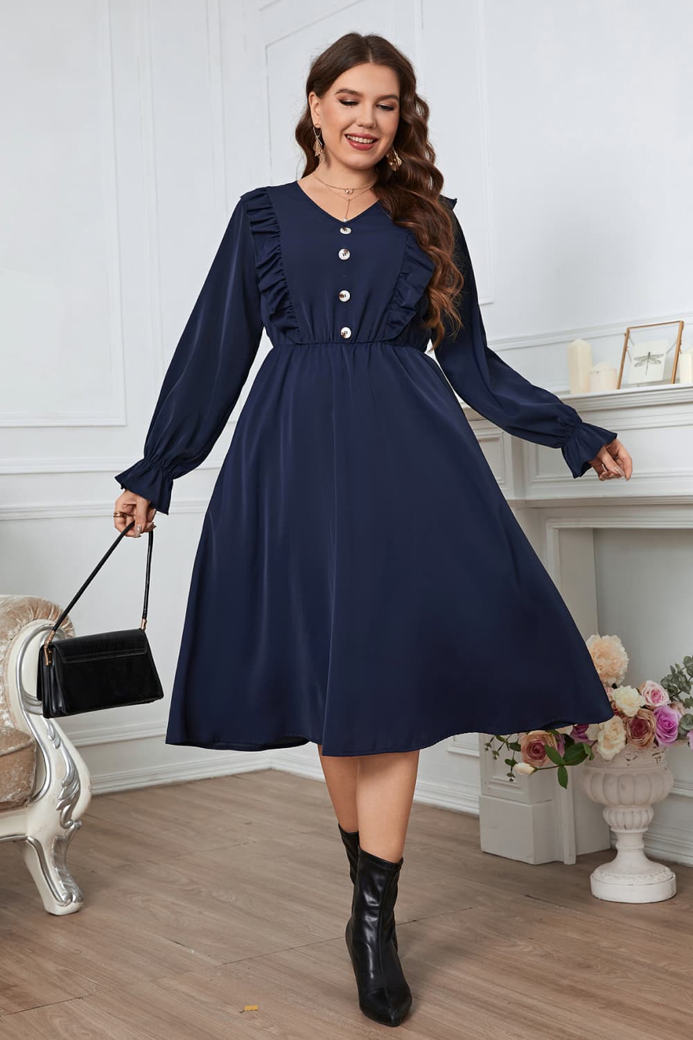 V-Neck Buttoned Flounce Sleeve | Dress