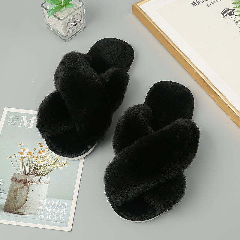 Faux Fur Crisscross Strap | Slippers