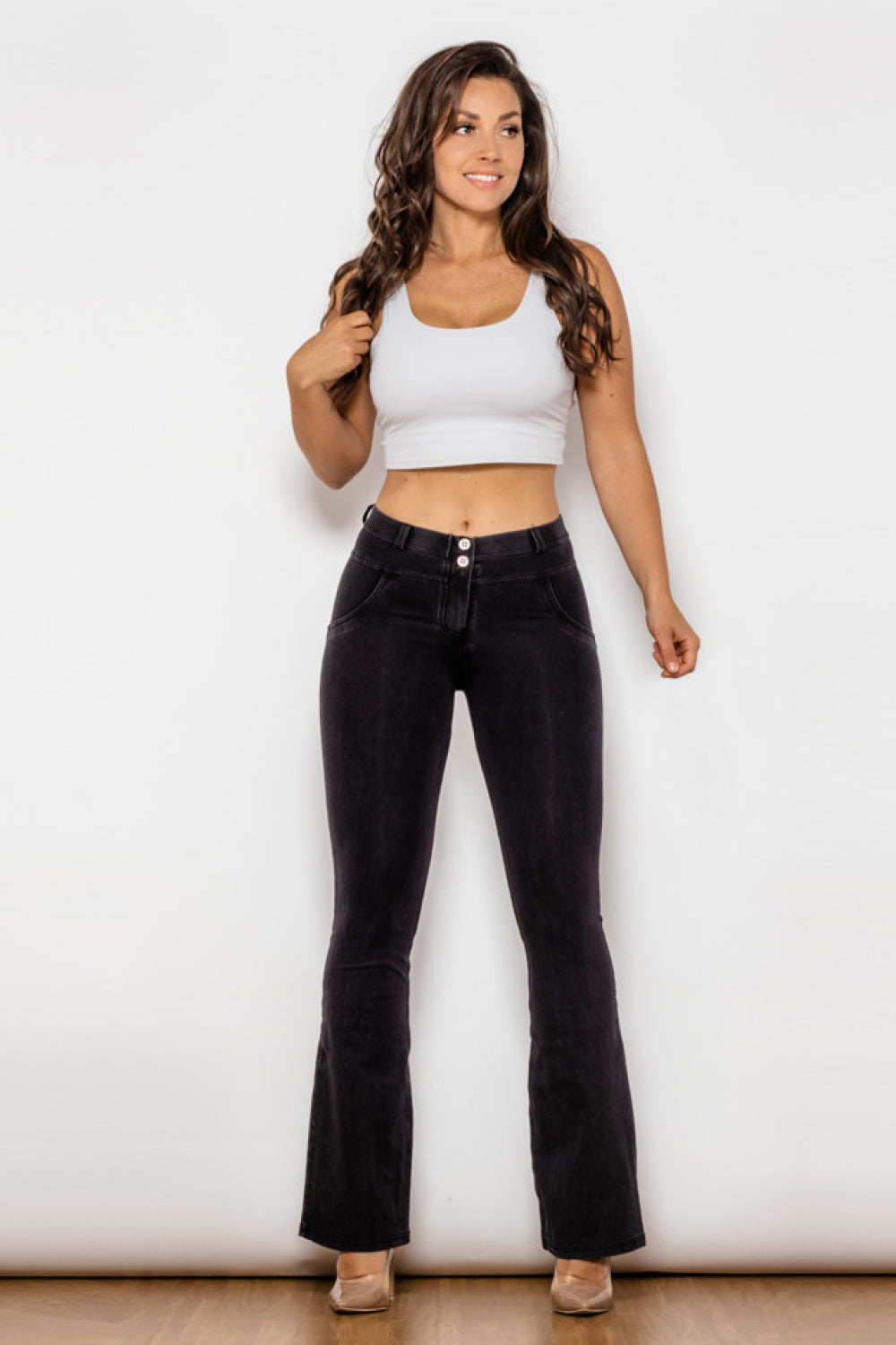 Comfy Huggers Black Buttoned Flare | Jeans