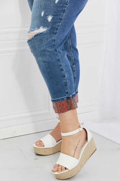 Mid Rise Paisley Patch Cuff Boyfriend | Jeans