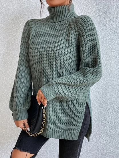 Turtleneck Rib-Knit Slit | Sweater