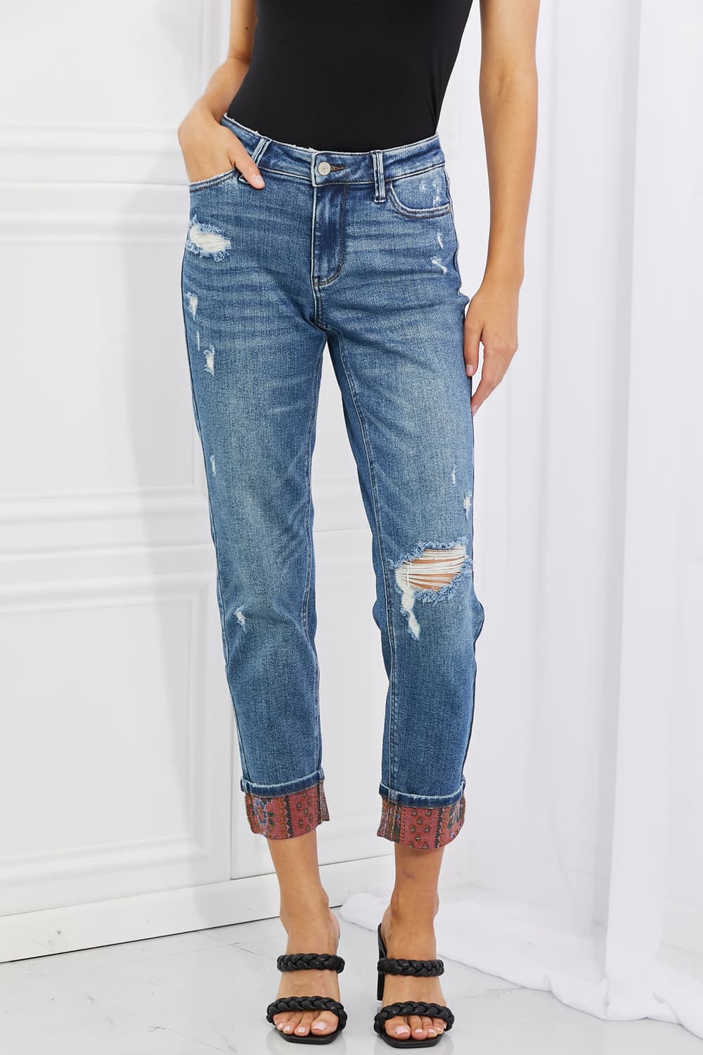 Mid Rise Paisley Patch Cuff Boyfriend | Jeans