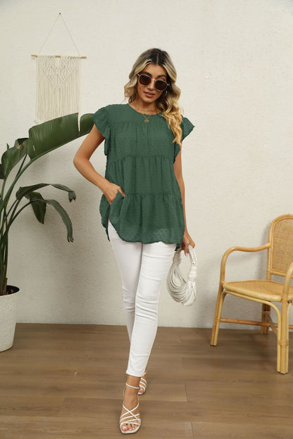 Swiss Dot Round Neck Tiered | Blouse