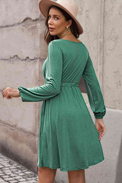 Button Front Elastic Waist Long Sleeve | Dress