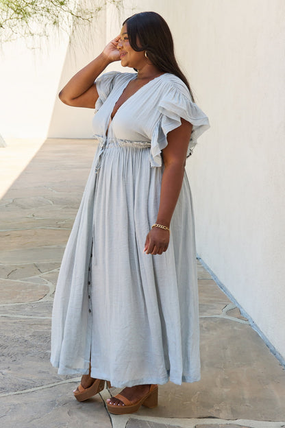 Drawstring Deep V Butterfly Sleeve Maxi | Dress