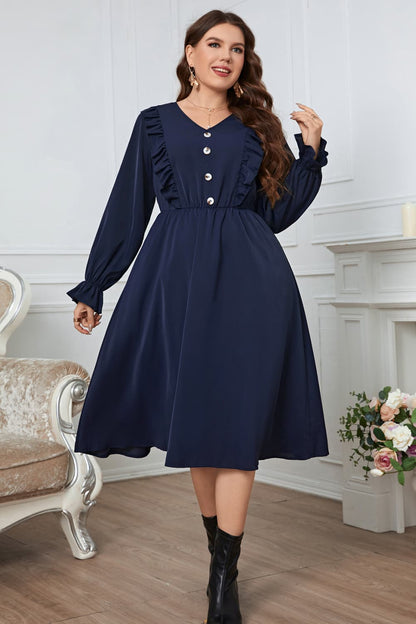 V-Neck Buttoned Flounce Sleeve | Dress