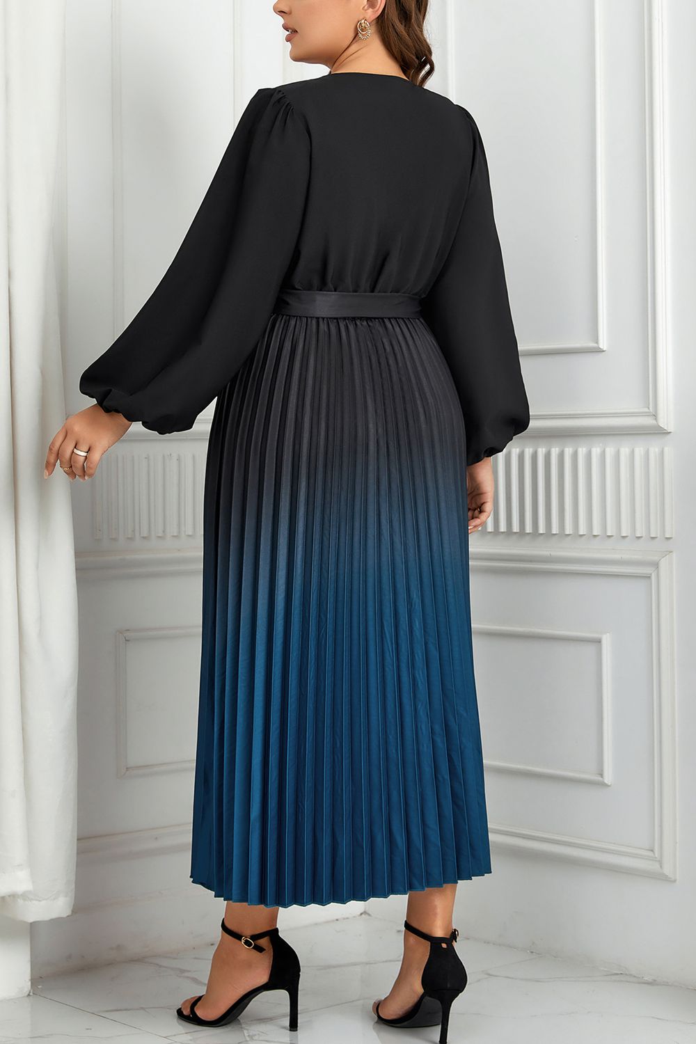 V-Neck Long Sleeve Pleated Tie Waist Midi | Dress