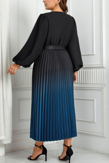 V-Neck Long Sleeve Pleated Tie Waist Midi | Dress