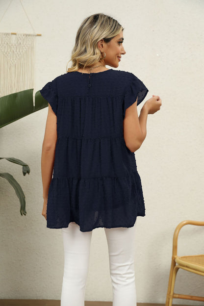 Swiss Dot Round Neck Tiered | Blouse