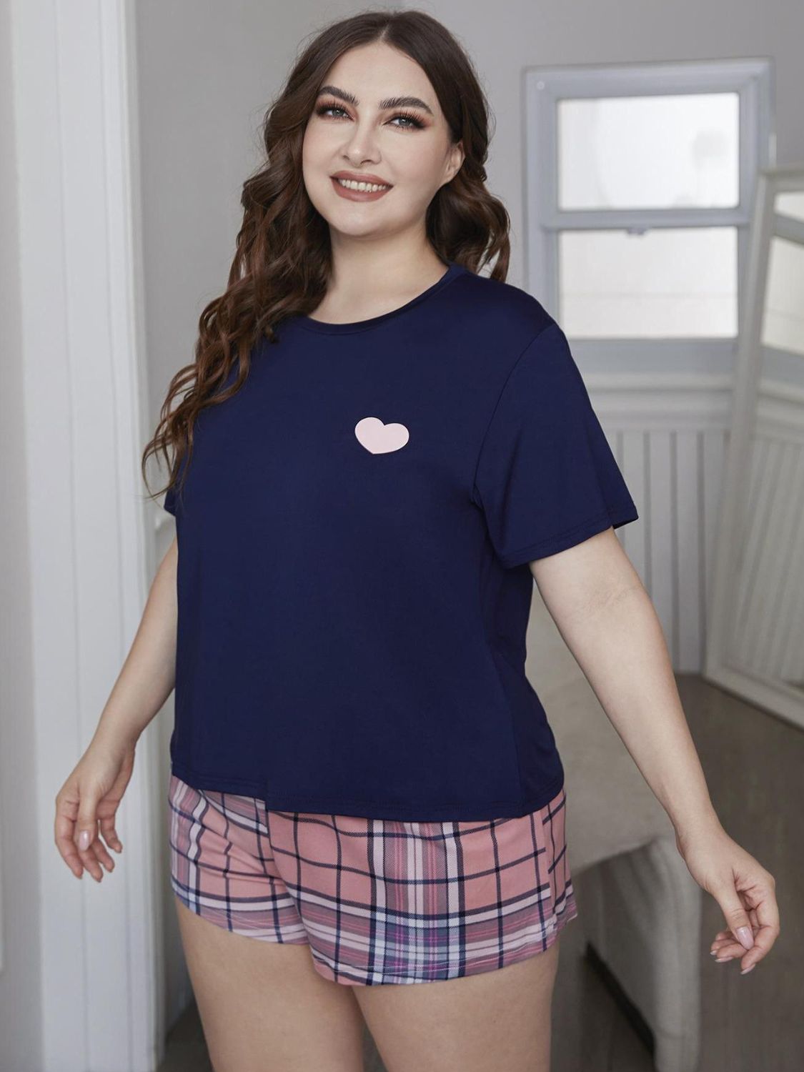 Heart Graphic Top + Plaid Shorts | Loungewear Set