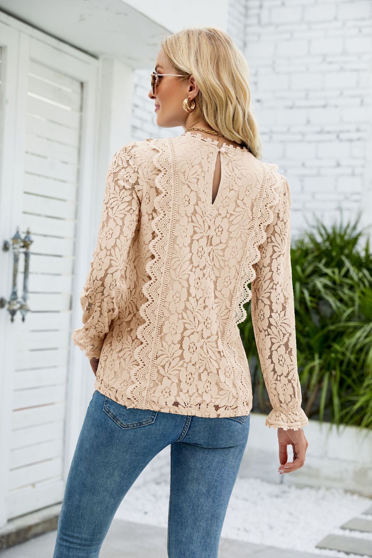 V-Neck Flounce Sleeve Lace | Top