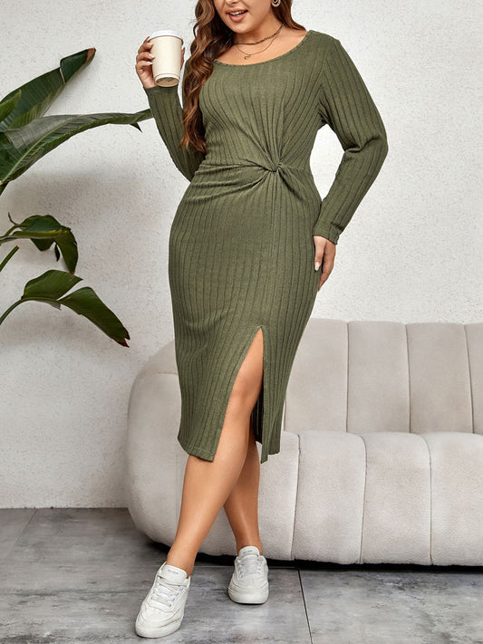 Ribbed Round Neck Twisted Slit Midi | Dress