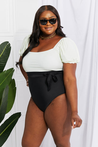 Cream/Black Puff Sleeve | One-Piece Swimsuit